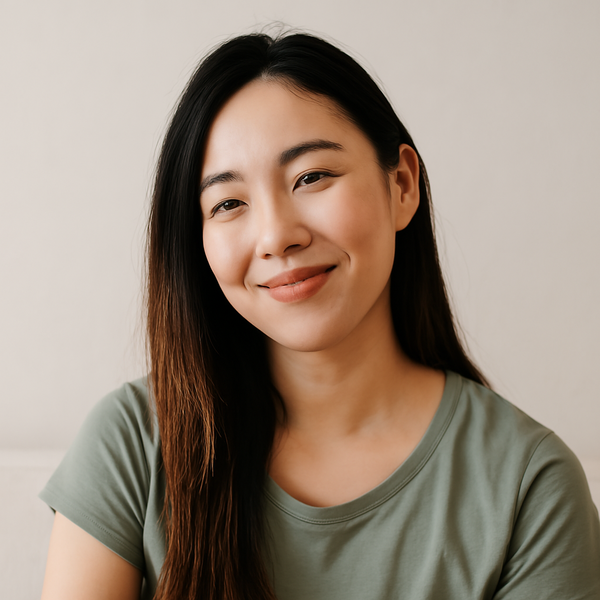 Smiling woman with long dark hair wearing a green shirt sitting against a neutral background for testimonial section on the website